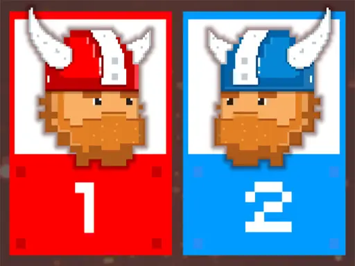 Cartões com imagens pixeladas de vikings com chifres, um usando capacete vermelho e outro azul, com números 1 e 2 abaixo de cada um, representando os jogadores no jogo.